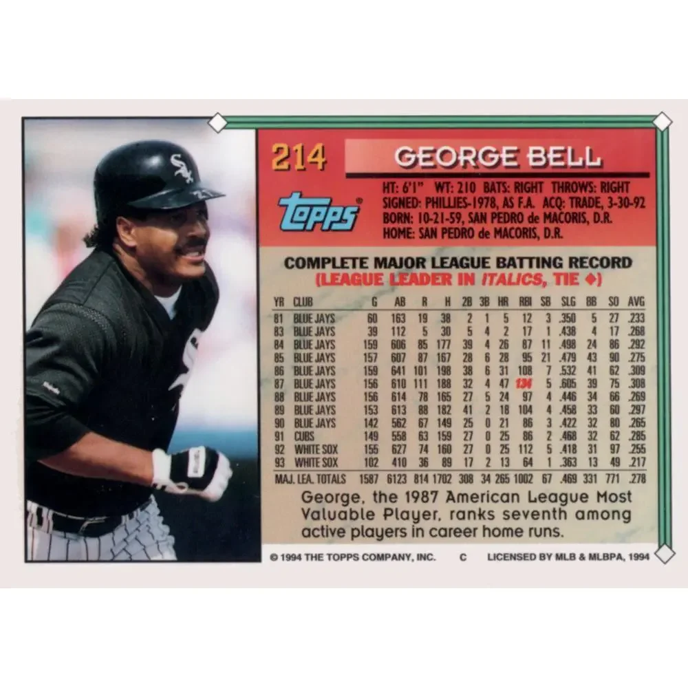 1994 Topps George Bell # 214 Chicago White Sox